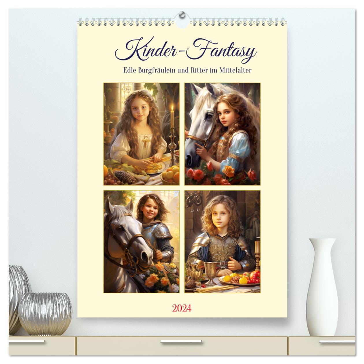 Kalendarz/Pamiętnik Kinder-Fantasy. Edle Burgfräulein und Ritter im Mittelalter (hochwertiger Premium Wandkalender 2024 DIN A2 hoch), Kunstdruck in Hochglanz 