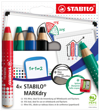Hra/Hračka STABILO MARKdry - 4er Pack mit Spitzer und Abwischtuch - in vier verschiedenen Farben 