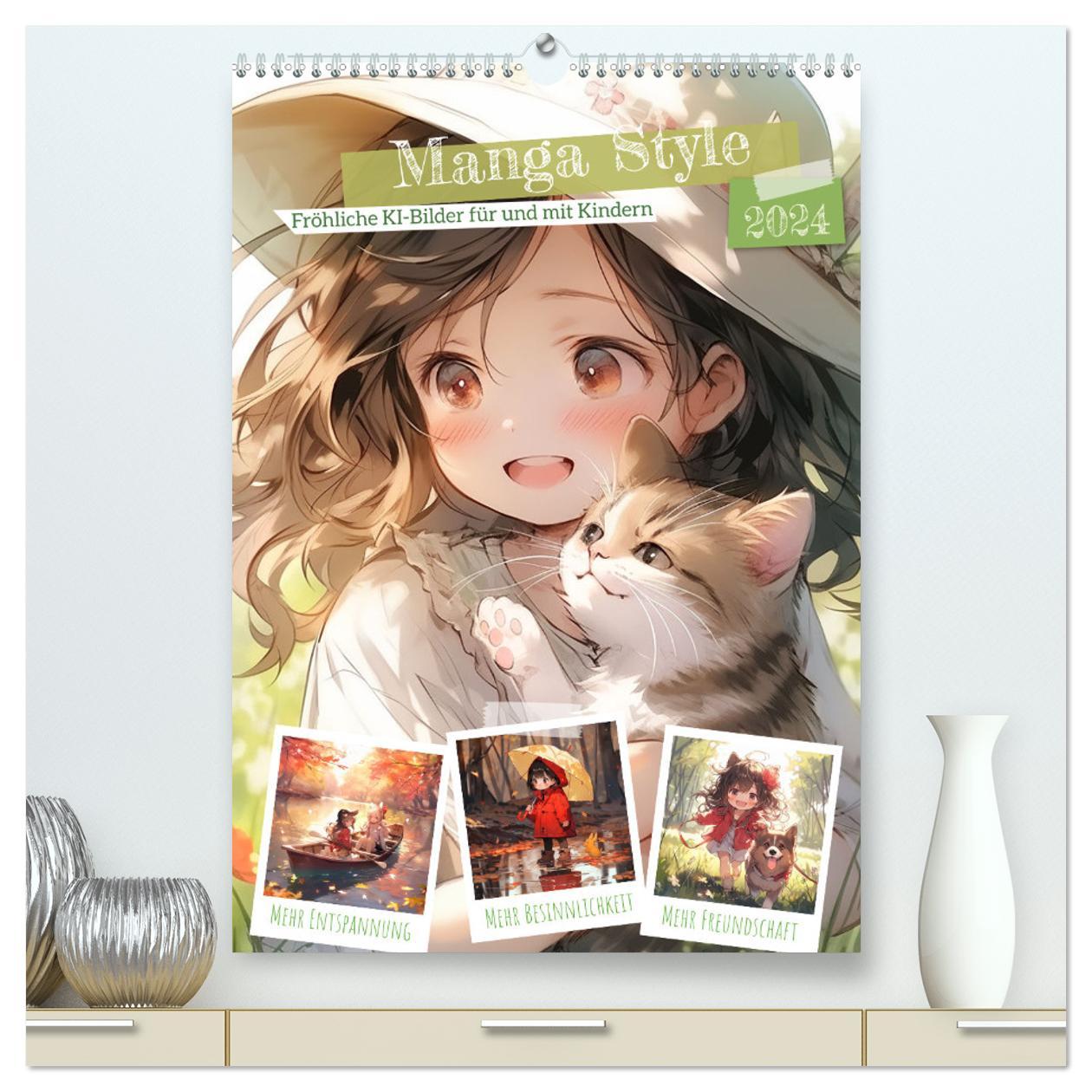 Calendar / Agendă Manga Style Kinder (hochwertiger Premium Wandkalender 2024 DIN A2 hoch), Kunstdruck in Hochglanz 