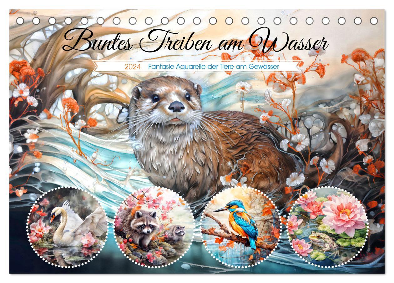 Calendar / Agendă Buntes Treiben am Wasser - Fantasie Aquarelle der Tiere am Gewässer (Tischkalender 2024 DIN A5 quer), CALVENDO Monatskalender 