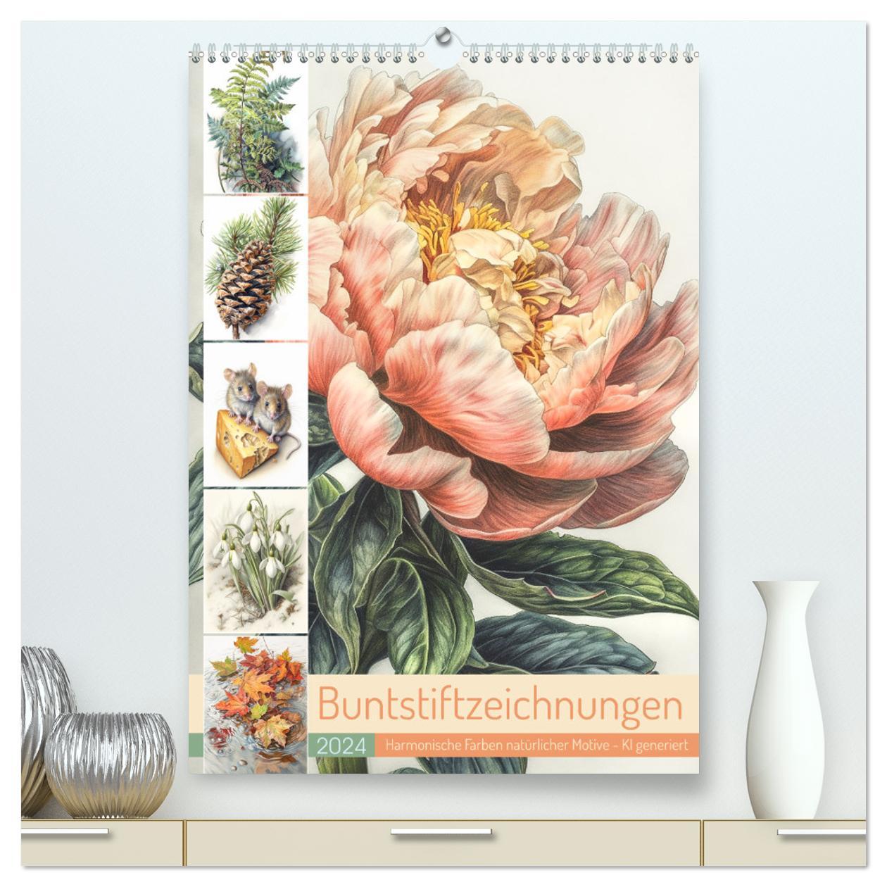 Calendar / Agendă Buntstiftzeichnungen (hochwertiger Premium Wandkalender 2024 DIN A2 hoch), Kunstdruck in Hochglanz 