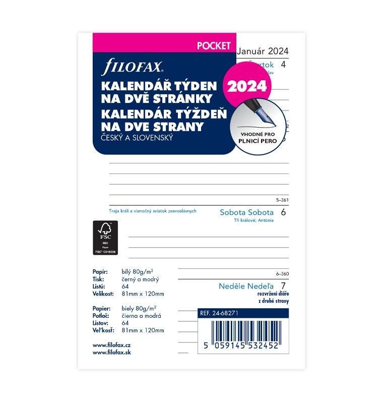 Книга Filofax Náplň do diáře 2024 - kapesní, týden/2 str, linky, ČJ+SJ 