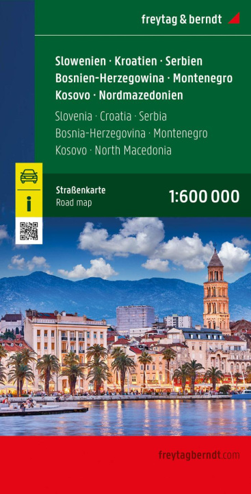 Tiskovina Slowenien - Kroatien - Serbien - Bosnien-Herzegowina - Montenegro - Kosovo - Nordmazedonien, Straßenkarte 1:600.000, freytag & berndt 