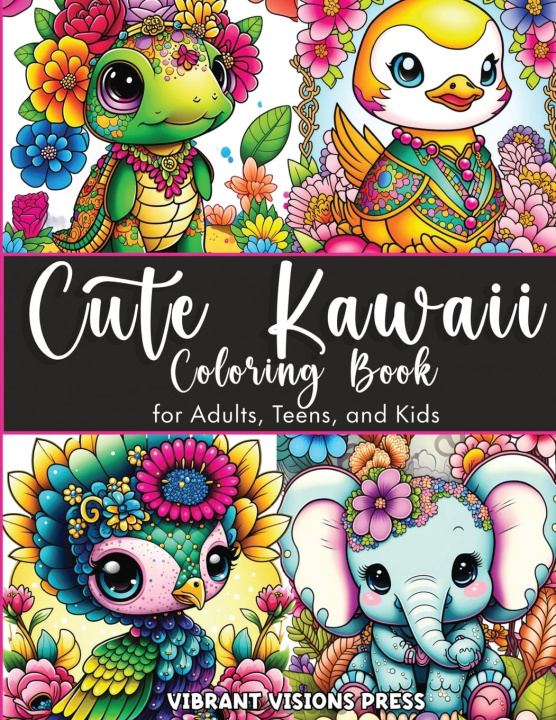 Книга Cute Kawaii Coloring Book for Adults, Teens, and Kids-Adorned with Jewelry and Floral Designs-Cat, Dog, Duck, Fairy, Elephant, Giraffe, Cow, Pig, and 