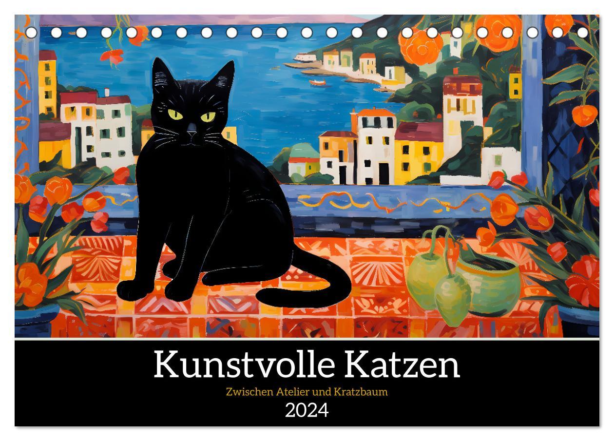 Kalendář/Diář Kunstvolle Katzen (Tischkalender 2024 DIN A5 quer), CALVENDO Monatskalender 