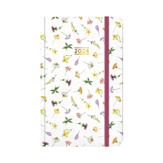 Kniha Kalendarz 2024 kieszonkowy z gumką biały w kwiaty 