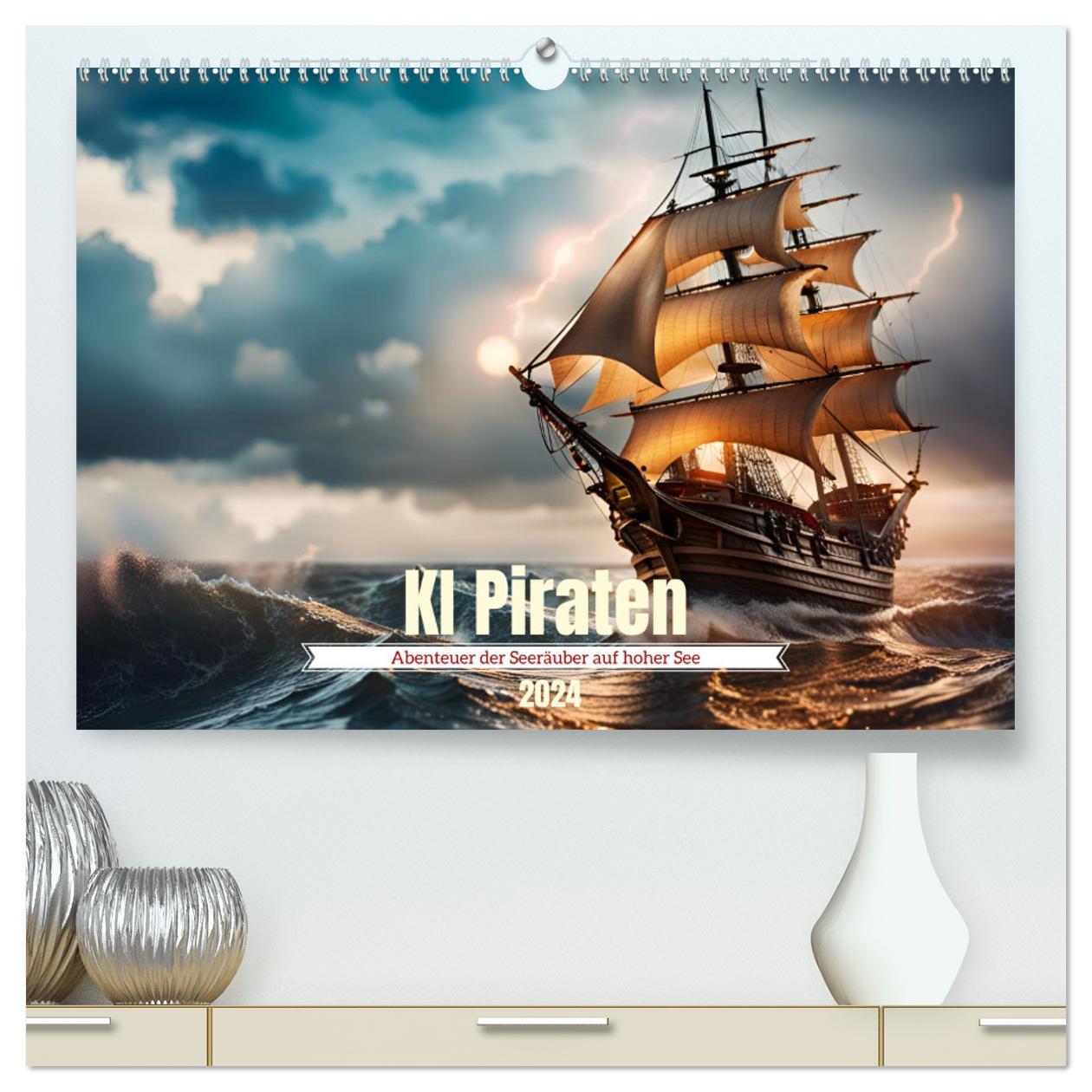 Kalendář/Diář KI Piraten - Abenteuer der Seeräuber auf hoher See (hochwertiger Premium Wandkalender 2024 DIN A2 quer), Kunstdruck in Hochglanz 