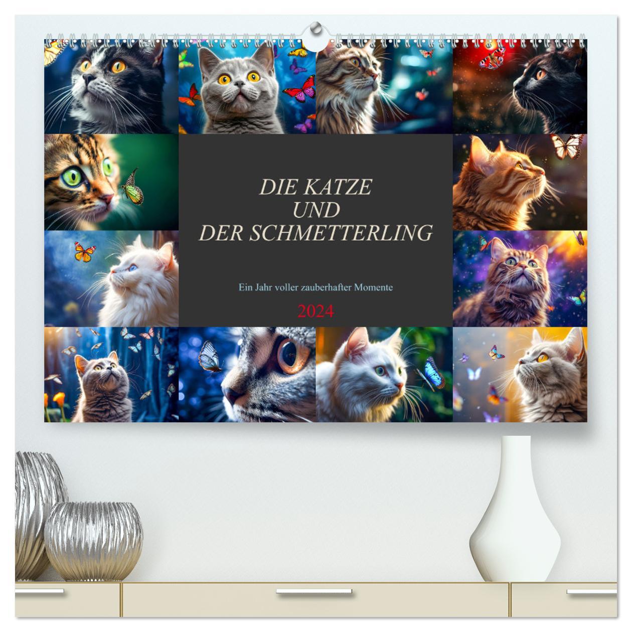 Kalendář/Diář Die Katze und der Schmetterling (hochwertiger Premium Wandkalender 2024 DIN A2 quer), Kunstdruck in Hochglanz 