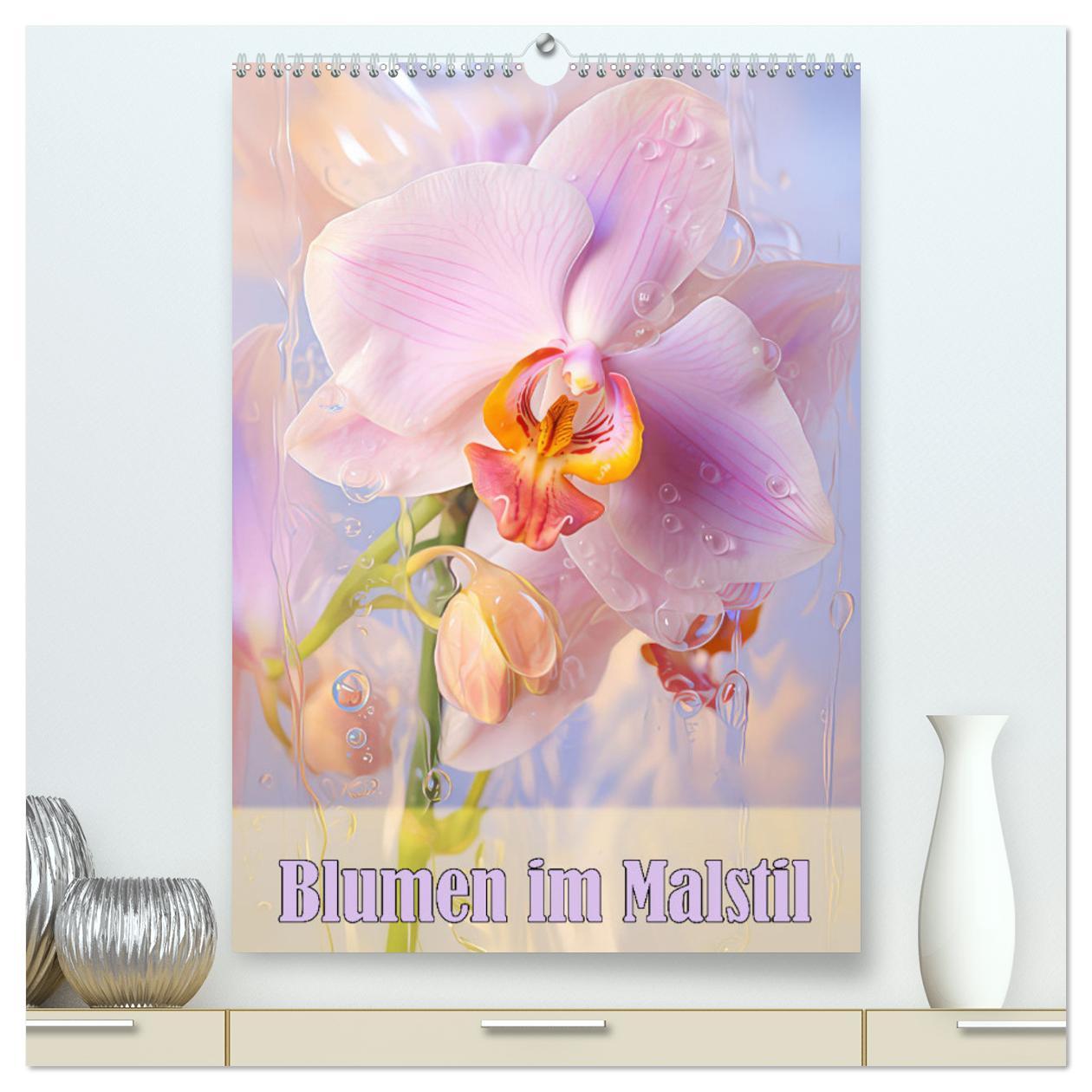 Calendar / Agendă Blumen im Malstil (hochwertiger Premium Wandkalender 2024 DIN A2 hoch), Kunstdruck in Hochglanz 