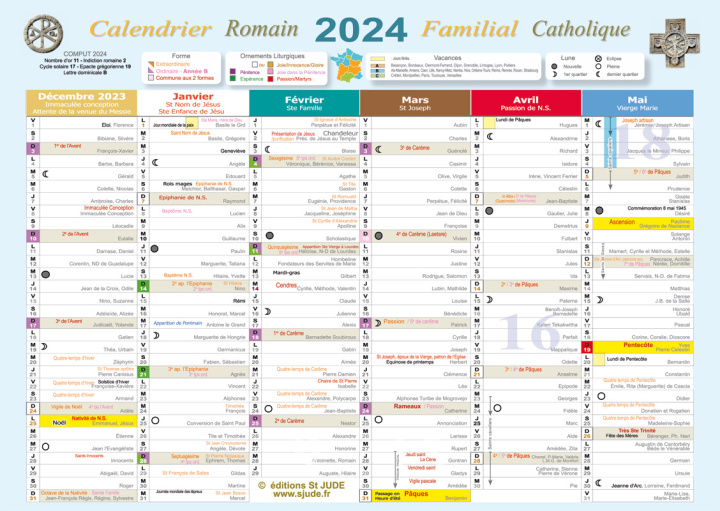 Carte Calendrier familial catholique romain 2024 