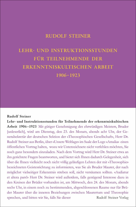 Buch Lehr- und Instruktionsstunden für Teilnehmende der erkenntniskultischen Arbeit 1906 - 1923 nach Gedächtnisaufzeichnungen Steiner Rudolf