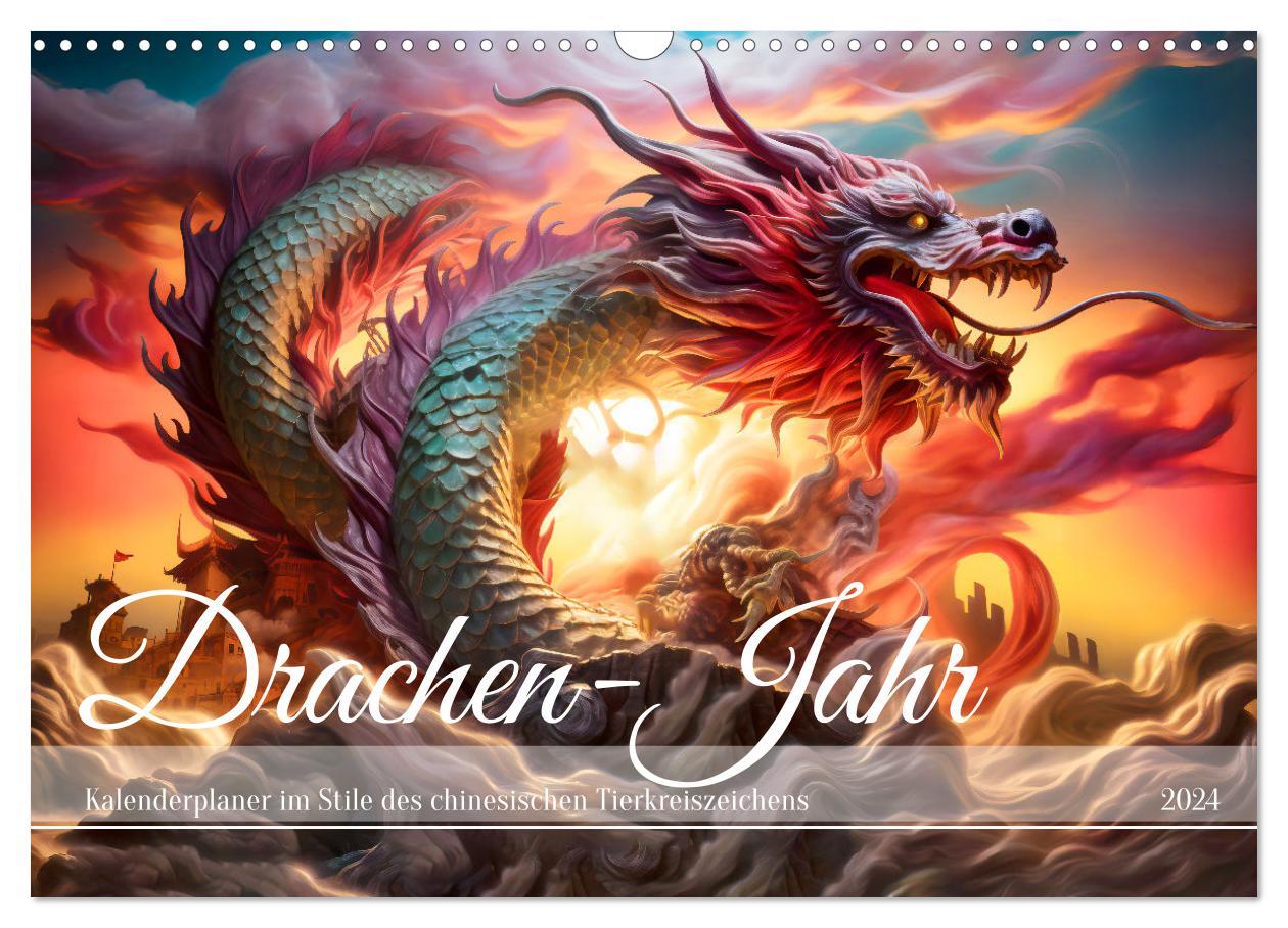 Calendar / Agendă Drachen-Jahr - Kalenderplaner im Stile des chinesischen Tierkreiszeichens (Wandkalender 2024 DIN A3 quer), CALVENDO Monatskalender 
