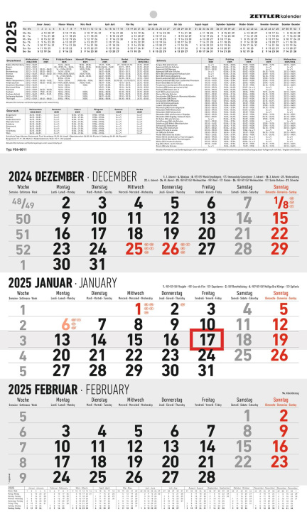 Календар/тефтер 3-Monatskalender groß 2025 - Büro-Kalender 30x48,8 cm (geöffnet) - mit Datumsschieber - Zettler - 954-0011 