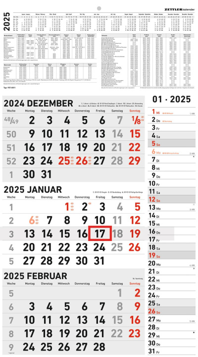Naptár/Határidőnapló 3-Monatskalender Kombi 2025 - Büro-Kalender 33x45 cm (geöffnet) mit Datumsschieber - Zettler - 957-0011 