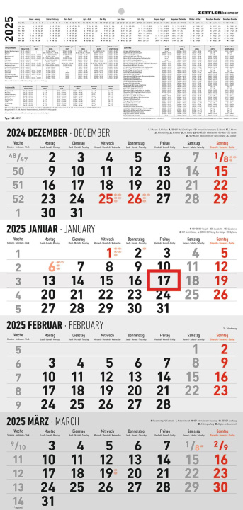 Naptár/Határidőnapló 4-Monatskalender 2025 - Büro-Kalender 30x49 cm (geöffnet) - mit Datumsschieber - Zettler - 960-0011 