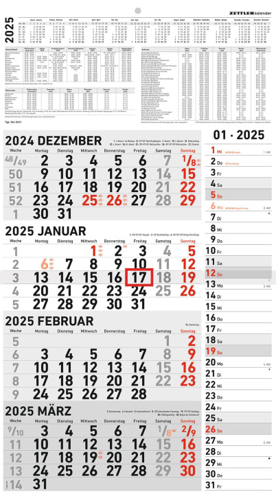 Calendar/Diary 4-Monatskalender Kombi 2025 - Büro-Kalender 33x45 cm (geöffnet) - mit Datumsschieber - Zettler - 961-0011 