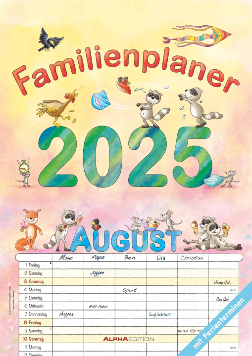 Kalendář/Diář Familienplaner Cartoon 2025 - Familienkalender A3 (29,7x42 cm) - mit 6 Spalten, Ferienterminen (DE/AT/CH) und viel Platz für Notizen - Wandkalender 