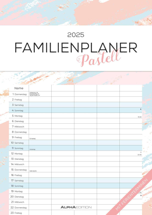 Kalendář/Diář Familienplaner Pastell 2025 - Familienkalender A3 (29,7x42 cm) - mit 5 Spalten, Ferienterminen (DE/AT/CH) und viel Platz für Notizen - Wandkalender 