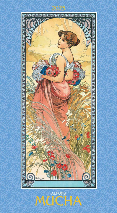 Calendar / Agendă Alfons Mucha 2025 - Bild-Kalender 33x60 cm - Kunstkalender - mit stilvollem Glitzereffekt - Jugendstil - Wandkalender - Alpha Edition 