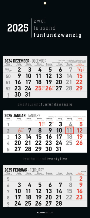 Календар/тефтер 3-Monatskalender Black 2025 - Büro-Kalender 33x20 cm (geschlossen), 33x80 cm (geöffnet) - faltbar - mit Datumsschieber - Alpha Edition 