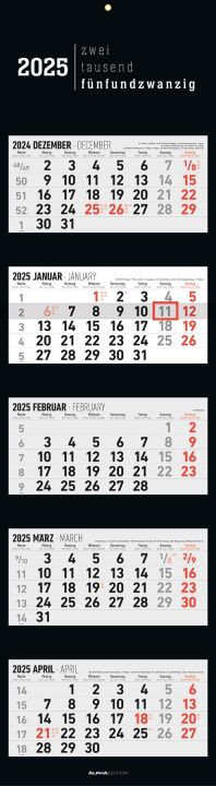 Kalender/Terminbuch 5-Monatskalender Black 2025 - Büro-Kalender 33x20 cm (geschlossen), 33x120 (geöffnet) - faltbar - mit Datumsschieber - Alpha Edition 