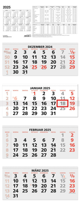 Naptár/Határidőnapló 4-Monatskalender rot 2025 - 31x13,5 - mit Kopftafel - Datumsschieber - faltbar - 964-0011 