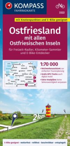 Nyomtatványok KOMPASS Fahrradkarte 3322 Ostfriesland mit allen Ostfriesischen Inseln mit Knotenpunkten 1:70.000 