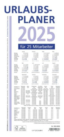 Kalendář/Diář Urlaubsplaner 2025 100x29,7 - 16 Monate- Wandplaner - gefalzt - für 25 Personen - 992-0000 ZETTLER Kalender