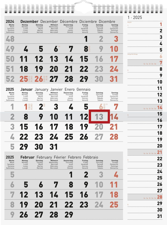 Naptár/Határidőnapló rido/idé 7033330005 3-Monatskalender (2025)| 1 Blatt = 3 Monate| 300 × 390 mm 