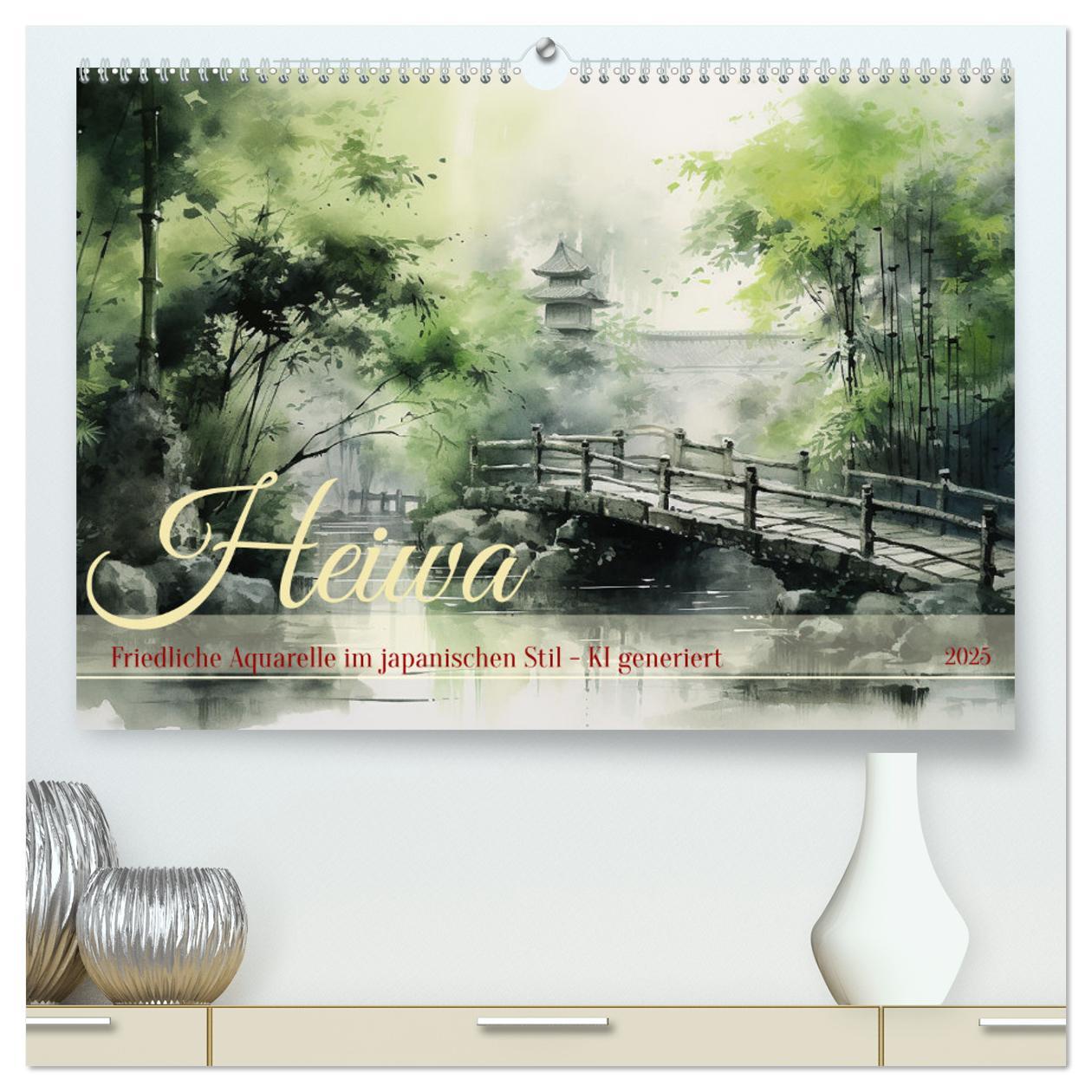 Naptár/Határidőnapló Heiwa - Friedliche Aquarelle im japanischen Stil (hochwertiger Premium Wandkalender 2025 DIN A2 quer), Kunstdruck in Hochglanz 