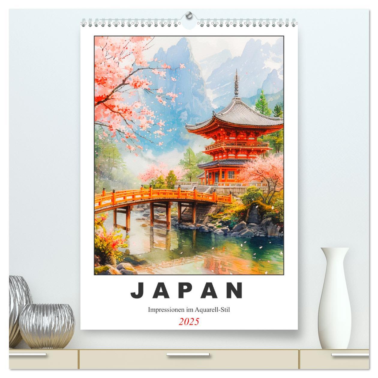 Calendar / Agendă Japan. Impressionen im Aquarell-Stil (hochwertiger Premium Wandkalender 2025 DIN A2 hoch), Kunstdruck in Hochglanz Calvendo