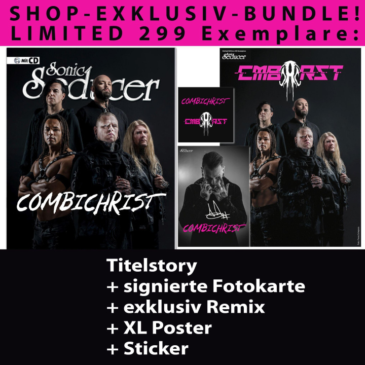 Book Sonic Seducer 04/2024 + Combichrist CMBCRST-Bundle: Titel Story + signierte Fotokarte + XL Poster + Sticker + exklusiver Remix Manuela Ausserhofer