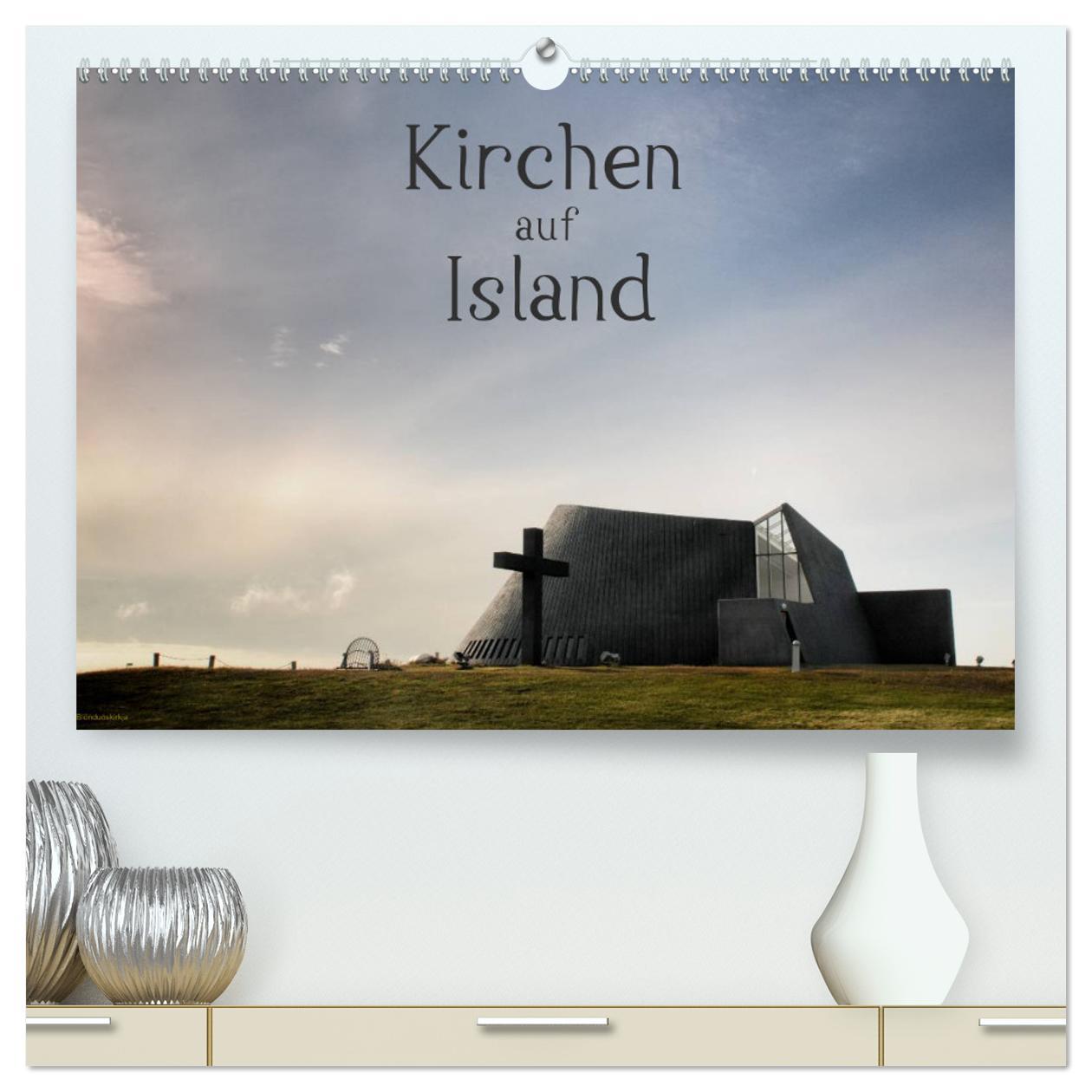 Kalendarz/Pamiętnik Kirchen auf Island (hochwertiger Premium Wandkalender 2025 DIN A2 quer), Kunstdruck in Hochglanz Calvendo