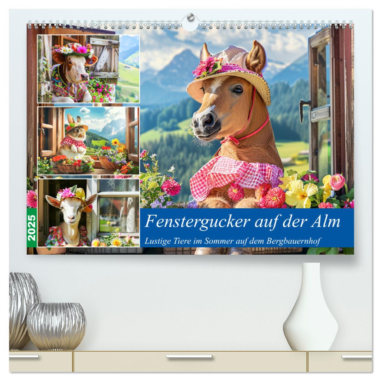 Kalendár/Diár Fenstergucker auf der Alm. Lustige Tiere im Sommer auf dem Bergbauernhof (hochwertiger Premium Wandkalender 2025 DIN A2 quer), Kunstdruck in Hochglanz 