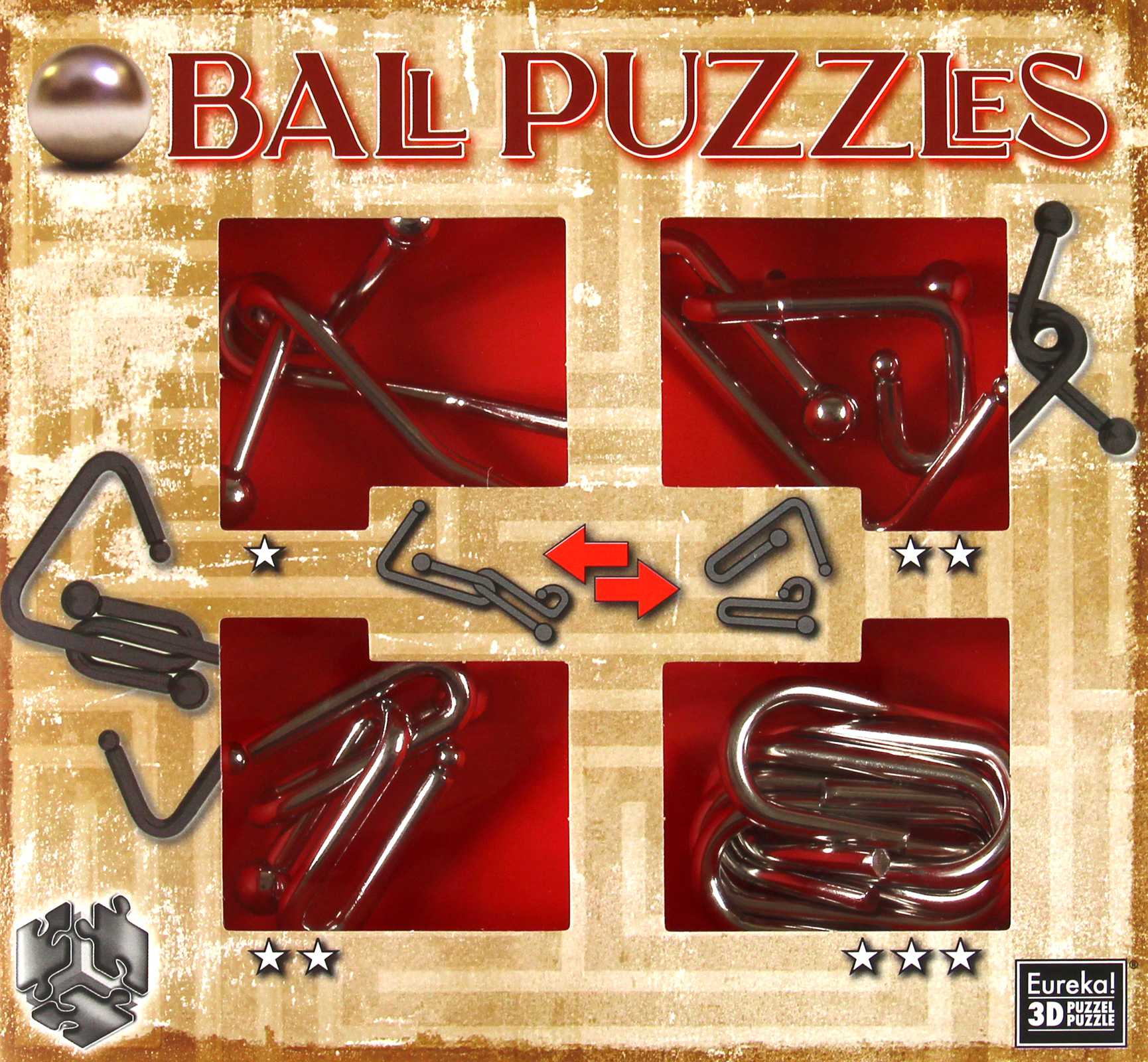 Kniha Łamigłówki metalowe Ball Puzzles zestaw czerwony 4 szt. 