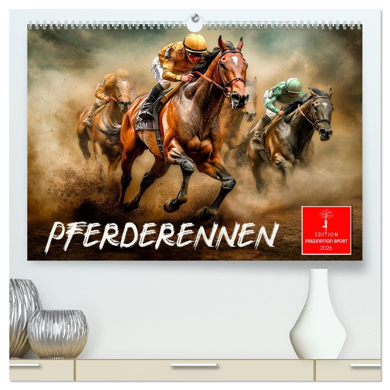 Kalendár/Diár Pferderennen (hochwertiger Premium Wandkalender 2026 DIN A2 quer), Kunstdruck in Hochglanz Calvendo