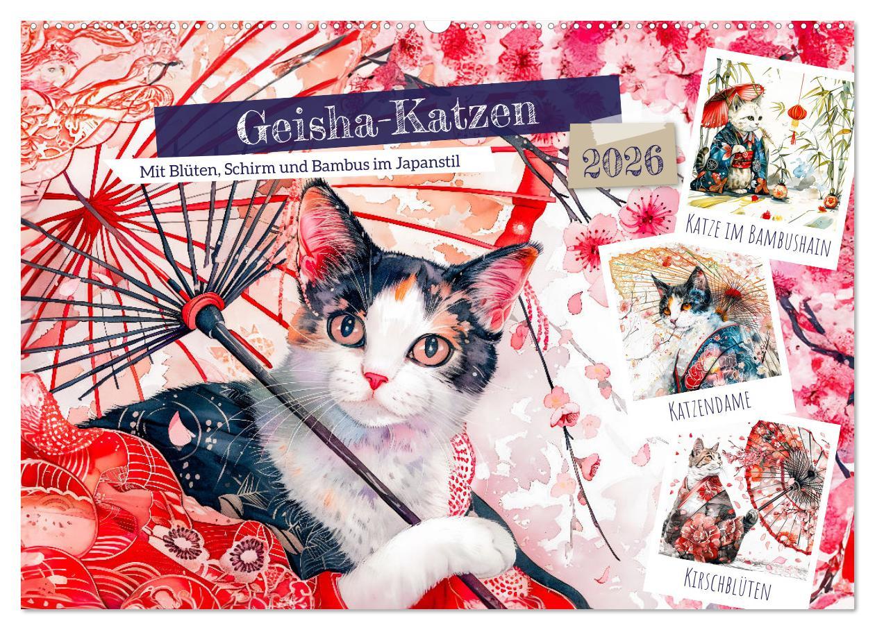 Kalendár/Diár Geisha-Katzen - Mit Blüten, Schirm und Bambus im Japanstil (Wandkalender 2026 DIN A2 quer), CALVENDO Monatskalender Calvendo