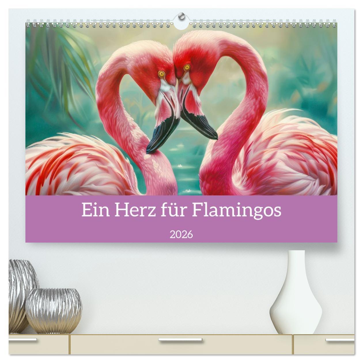 Kalendář/Diář Ein Herz für Flamingos (hochwertiger Premium Wandkalender 2026 DIN A2 quer), Kunstdruck in Hochglanz Calvendo