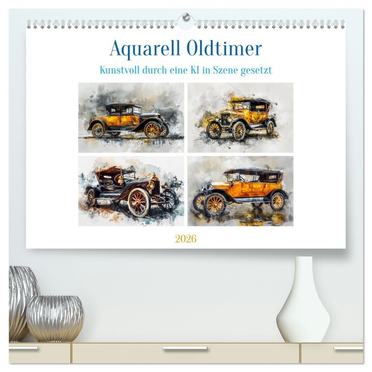 Kalendár/Diár Aquarell Oldtimer (hochwertiger Premium Wandkalender 2026 DIN A2 quer), Kunstdruck in Hochglanz Calvendo
