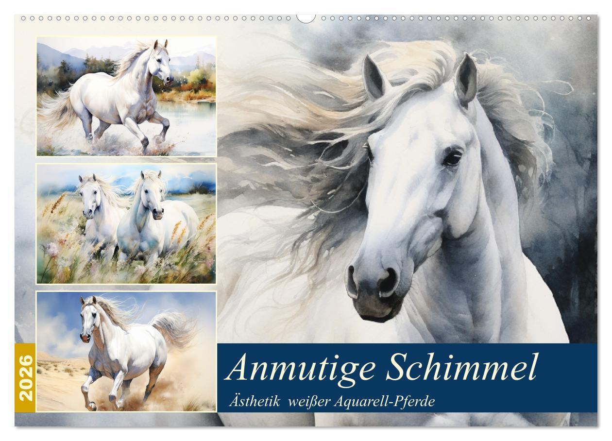 Kalendár/Diár Anmutige Schimmel. Ästhetik weißer Aquarell-Pferde (Wandkalender 2026 DIN A2 quer), CALVENDO Monatskalender Calvendo