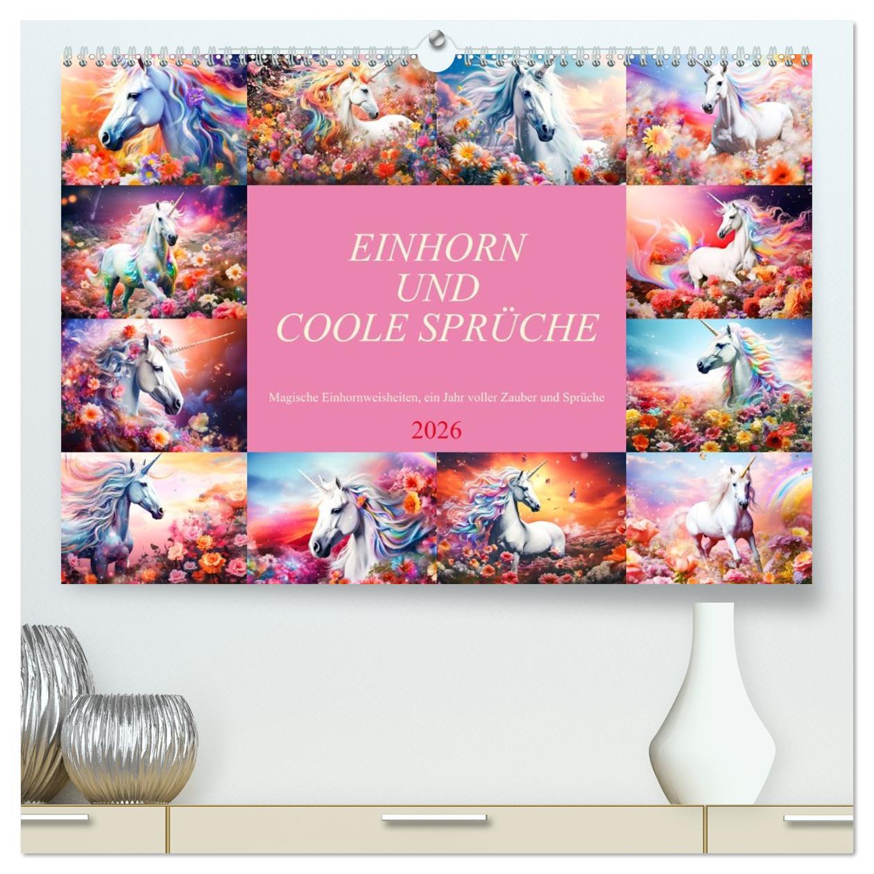 Kalendář/Diář Einhorn und coole Sprüche (hochwertiger Premium Wandkalender 2026 DIN A2 quer), Kunstdruck in Hochglanz Calvendo