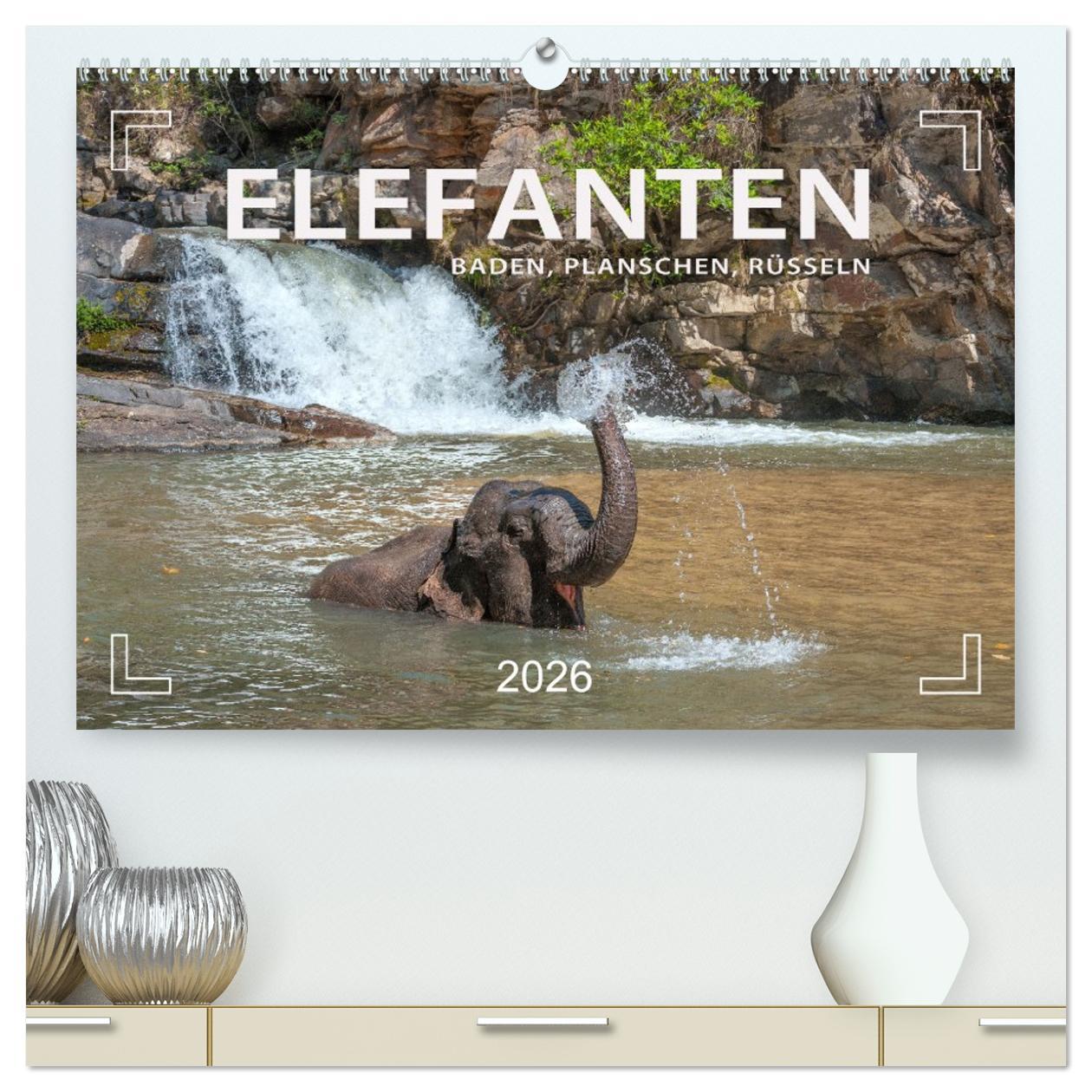 Kalendář/Diář Elefanten - Baden, Planschen, Rüsseln (hochwertiger Premium Wandkalender 2026 DIN A2 quer), Kunstdruck in Hochglanz Calvendo