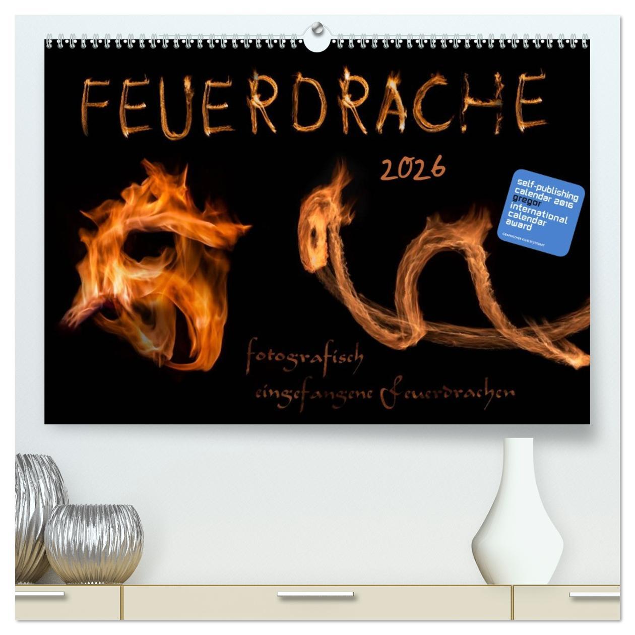 Kalendár/Diár Feuerdrache (hochwertiger Premium Wandkalender 2026 DIN A2 quer), Kunstdruck in Hochglanz Calvendo