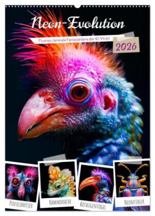 Kalendár/Diár Neon-Evolution - Fluoreszierende Fantasietiere der KI-Welt (Wandkalender 2026 DIN A2 hoch), CALVENDO Monatskalender Calvendo