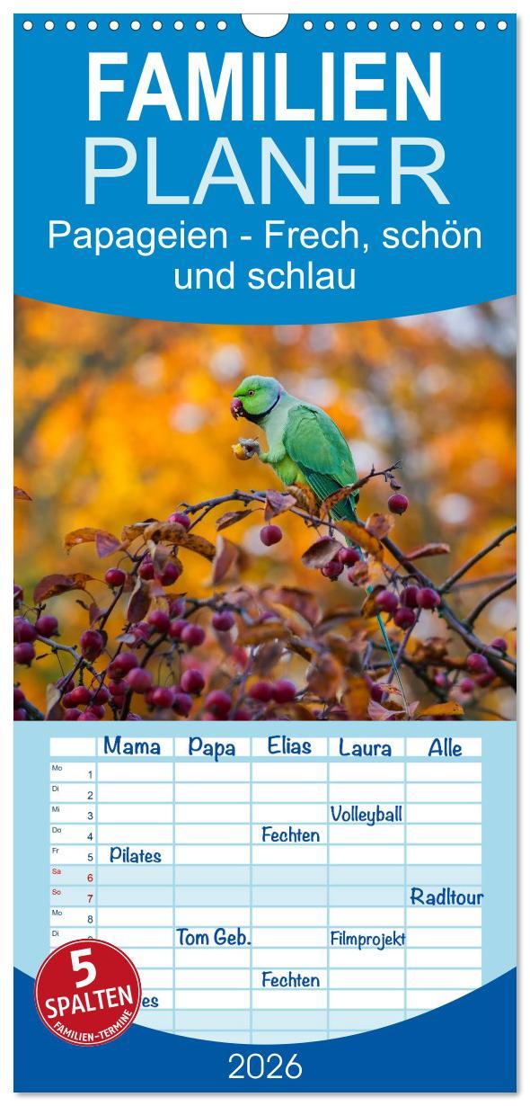 Naptár/Határidőnapló Familienplaner 2026 - Papageien - Frech, schön und schlau mit 5 Spalten (Wandkalender, 21 x 45 cm) CALVENDO Calvendo