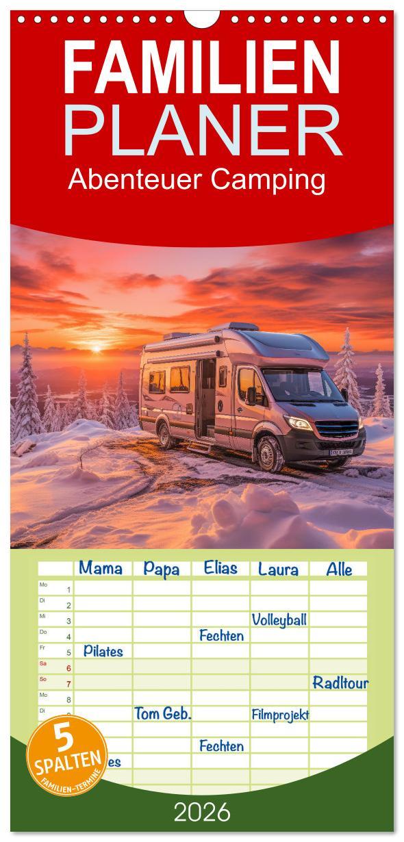 Kalendár/Diár Familienplaner 2026 - Abenteuer Camping mit 5 Spalten (Wandkalender, 21 x 45 cm) CALVENDO Calvendo