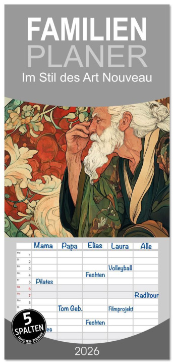 Kalendář/Diář Familienplaner 2026 - Im Stil des Art Nouveau mit 5 Spalten (Wandkalender, 21 x 45 cm) CALVENDO Calvendo