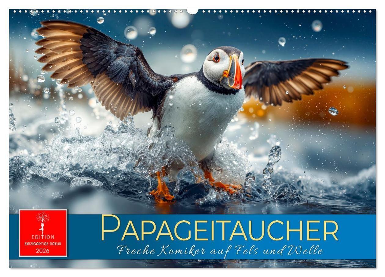 Kalendář/Diář Papageitaucher - Freche Komiker auf Fels und Welle (Wandkalender 2026 DIN A2 quer), CALVENDO Monatskalender Calvendo