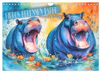 Kalendarz/Pamiętnik Hippos bekennen Farbe - kunterbunter Nilpferdspaß (Wandkalender 2026 DIN A4 quer), CALVENDO Monatskalender Calvendo