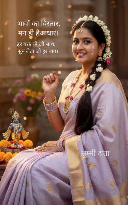 Knjiga भावों का विस्तार, मन ही है आधार । हर वक्त रहे जो साथ, सुन लेता जो हर बात । सुम्मी दत्ता
